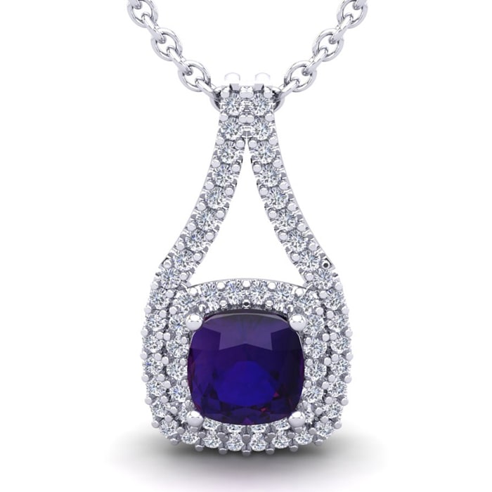 2 3/4 Carat Cushion Cut Amethyst and Double Halo Diamond Necklace In 14 Karat White Gold, 18 Inches
