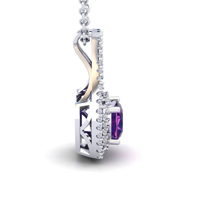 2 3/4 Carat Cushion Cut Amethyst and Double Halo Diamond Necklace In 14 Karat White Gold, 18 Inches