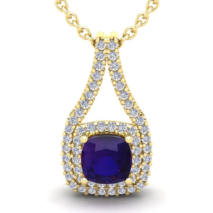 2 3/4 Carat Cushion Cut Amethyst and Double Halo Diamond Necklace In 14 Karat Yellow Gold, 18 Inches