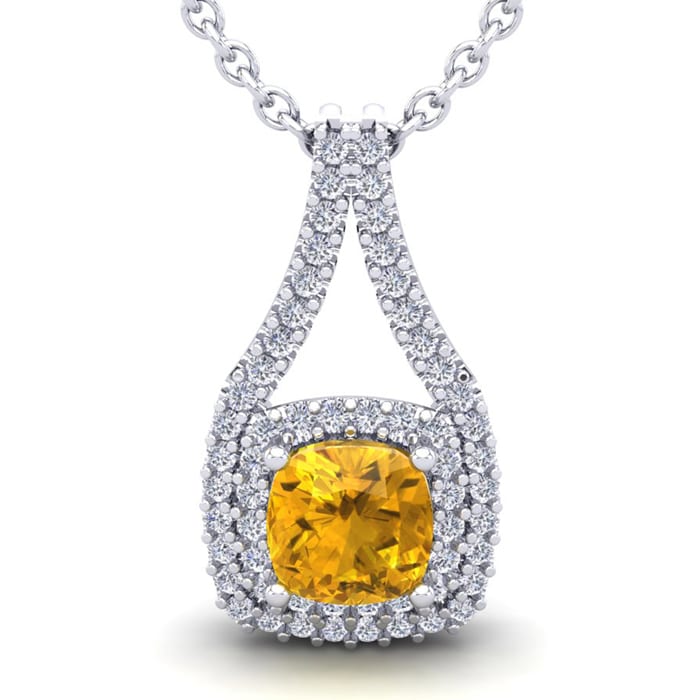 2 3/4 Carat Cushion Cut Citrine and Double Halo Diamond Necklace In 14 Karat White Gold, 18 Inches