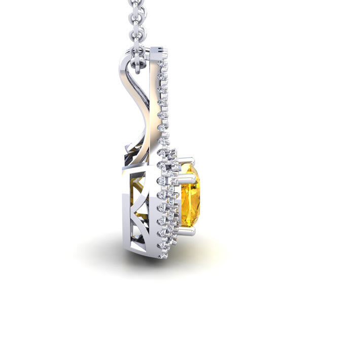 2 3/4 Carat Cushion Cut Citrine and Double Halo Diamond Necklace In 14 Karat White Gold, 18 Inches