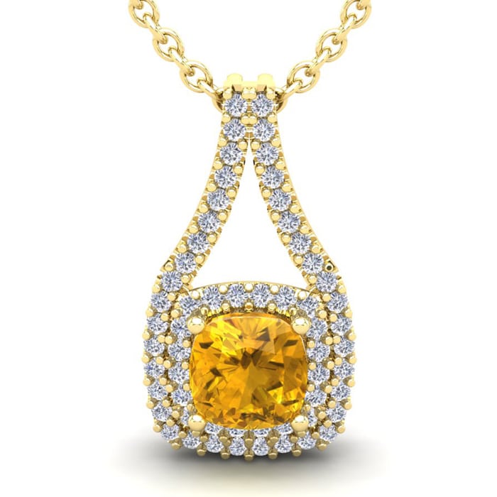 2 3/4 Carat Cushion Cut Citrine and Double Halo Diamond Necklace In 14 Karat Yellow Gold, 18 Inches