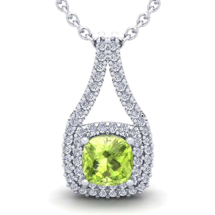 3 1/3 Carat Cushion Cut Peridot and Double Halo Diamond Necklace In 14 Karat White Gold, 18 Inches