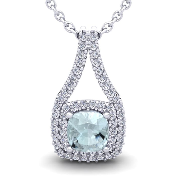 Aquamarine Necklace: Aquamarine Jewelry: 2 3/4 Carat Cushion Cut Aquamarine and Double Halo Diamond Necklace In 14 Karat White Gold, 18 Inches