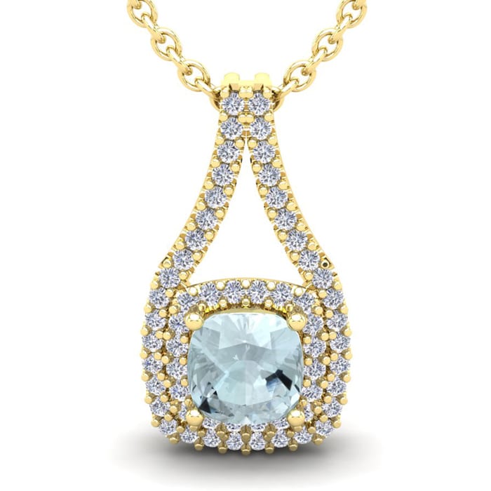 Aquamarine Necklace: Aquamarine Jewelry: 2 3/4 Carat Cushion Cut Aquamarine and Double Halo Diamond Necklace In 14 Karat Yellow Gold, 18 Inches