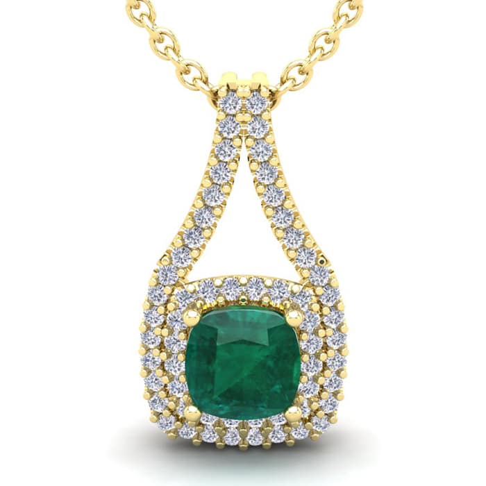 2-3/4 Carat Cushion Shape Emerald Necklaces With Double Halo Diamonds In 14 Karat Yellow Gold, 18 Inch Chain