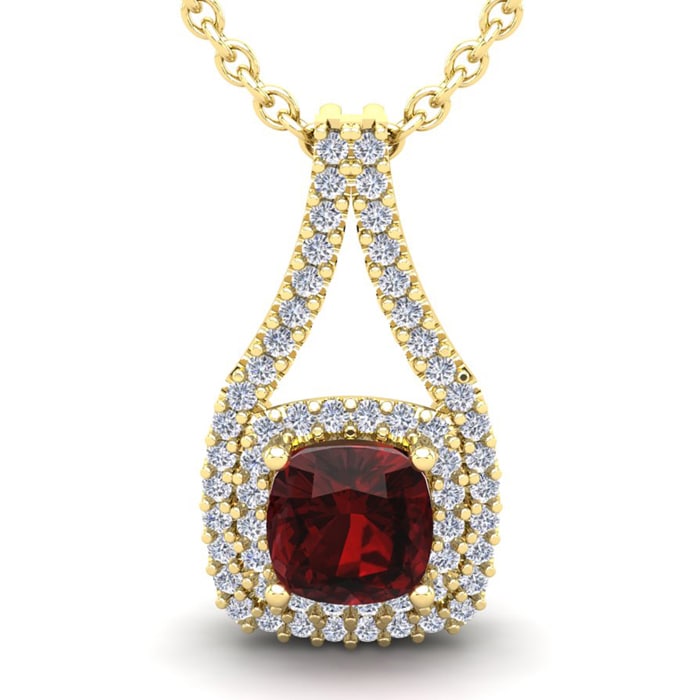 Garnet Necklace: Garnet Jewelry: 4 Carat Cushion Cut Garnet and Double Halo Diamond Necklace In 14 Karat Yellow Gold, 18 Inches