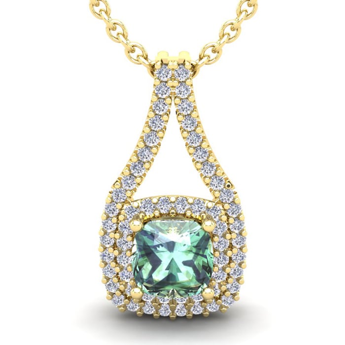 2 3/4 Carat Cushion Cut Green Amethyst and Double Halo Diamond Necklace In 14 Karat Yellow Gold, 18 Inches