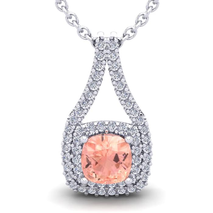 3-3/4 Carat Cushion Shape Morganite Necklace and Double Diamond Halo In 14 Karat White Gold With 18 Inch Chain