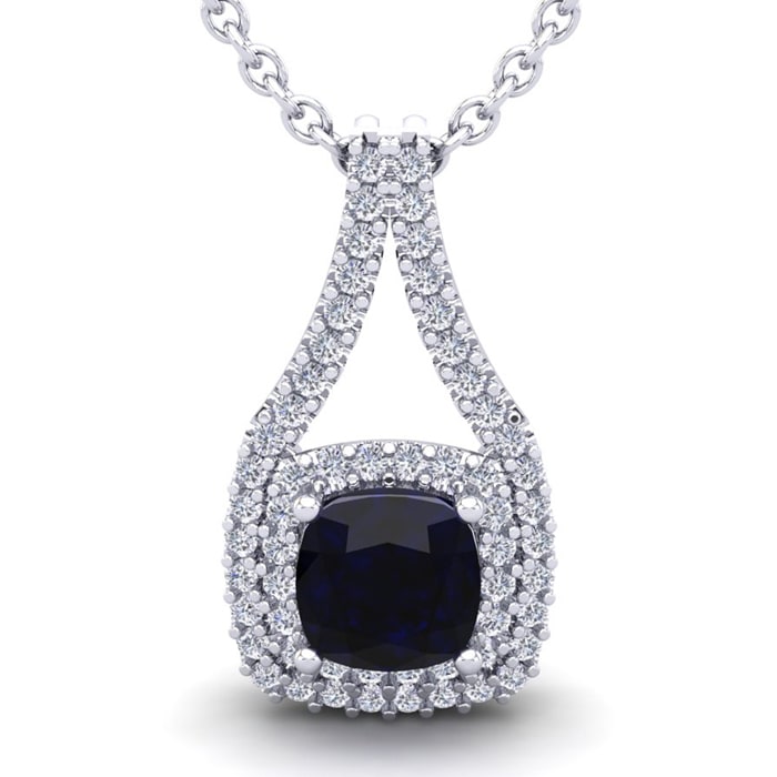 3 3/4 Carat Cushion Cut Sapphire and Double Halo Diamond Necklace In 14 Karat White Gold, 18 Inches
