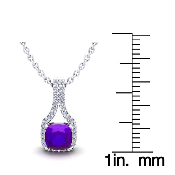 1 Carat Cushion Cut Amethyst and Classic Halo Diamond Necklace In 14 Karat White Gold, 18 Inches