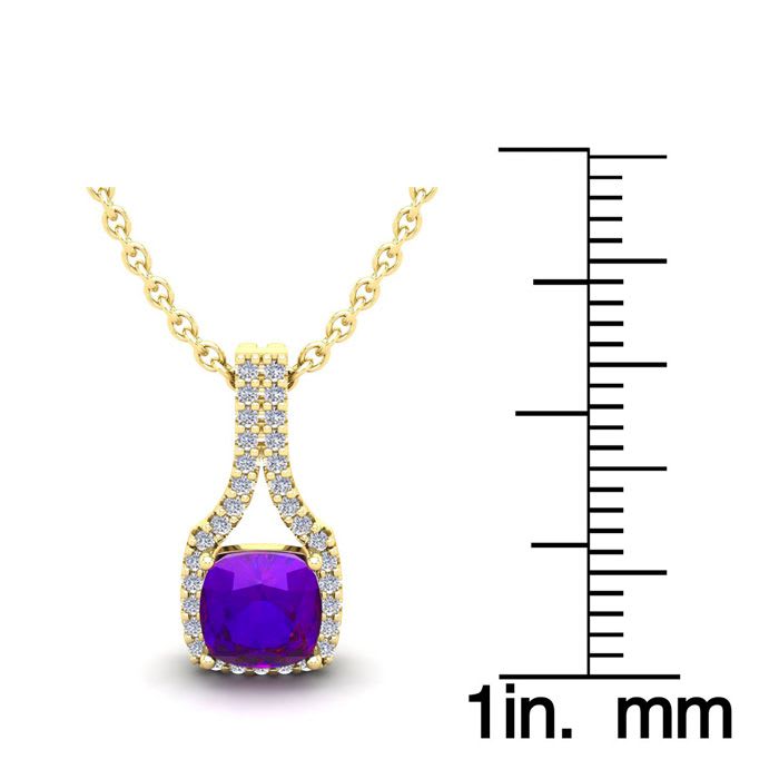 1 Carat Cushion Cut Amethyst and Classic Halo Diamond Necklace In 14 Karat Yellow Gold, 18 Inches