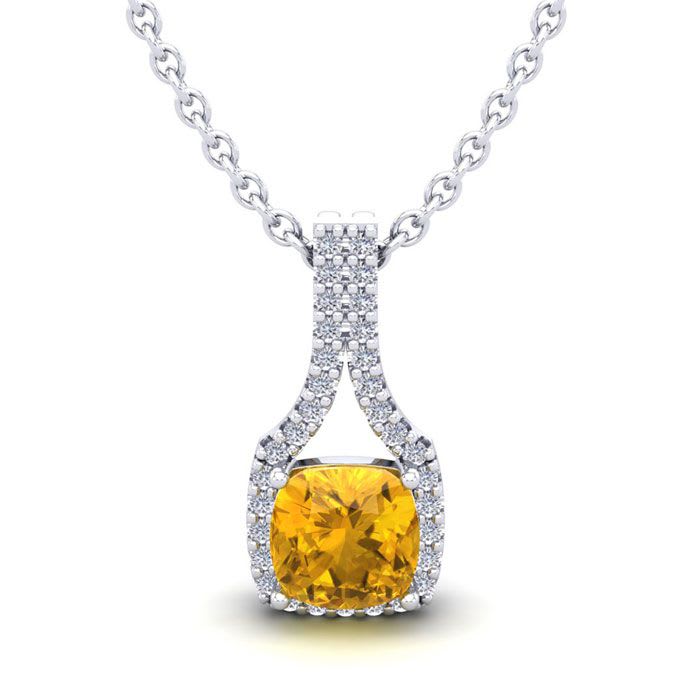 1 Carat Cushion Cut Citrine and Classic Halo Diamond Necklace In 14 Karat White Gold, 18 Inches