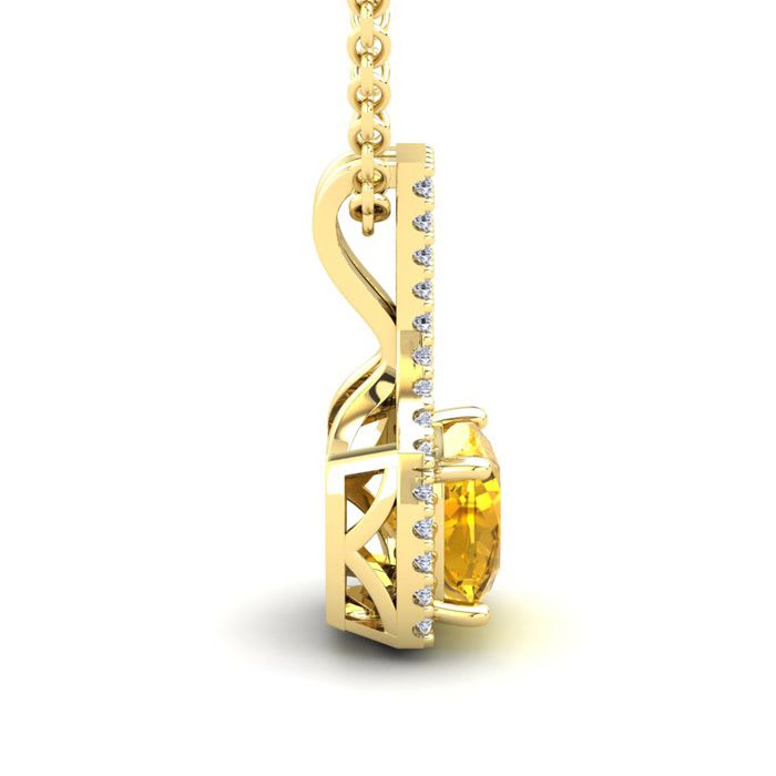1 Carat Cushion Cut Citrine and Classic Halo Diamond Necklace In 14 Karat Yellow Gold, 18 Inches