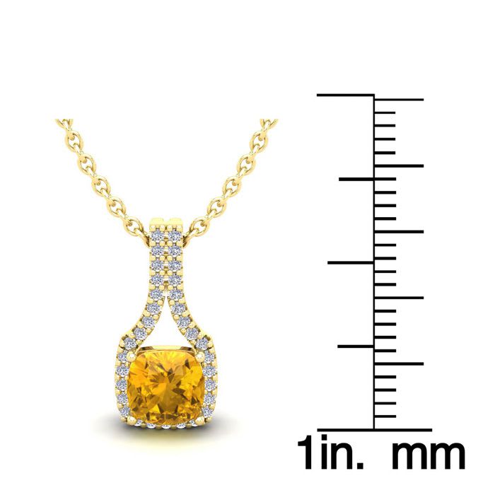 1 Carat Cushion Cut Citrine and Classic Halo Diamond Necklace In 14 Karat Yellow Gold, 18 Inches
