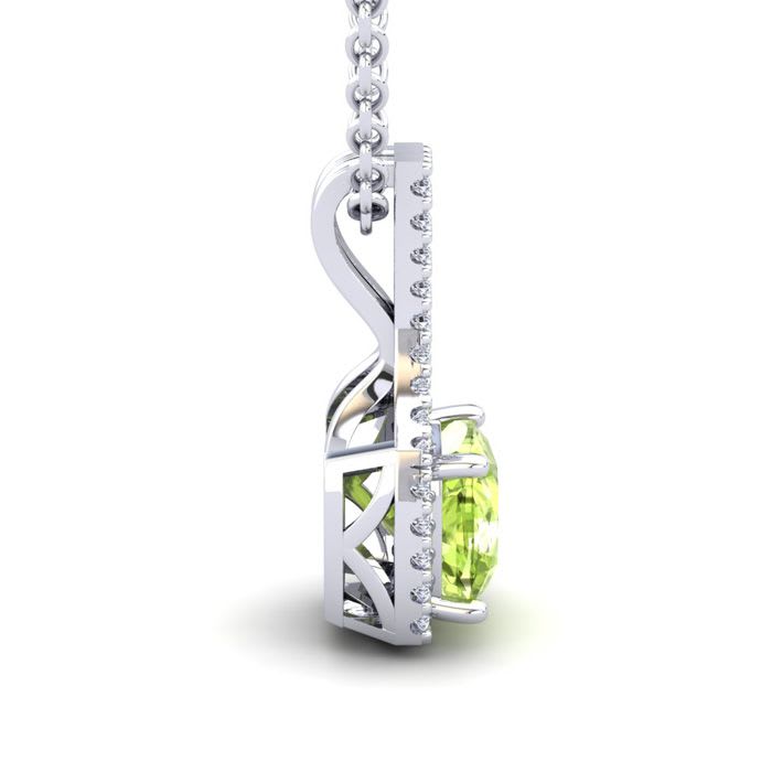 1 1/4 Carat Cushion Cut Peridot and Classic Halo Diamond Necklace In 14 Karat White Gold, 18 Inches