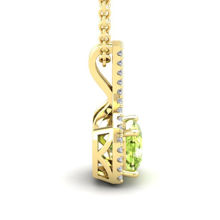 1 1/4 Carat Cushion Cut Peridot and Classic Halo Diamond Necklace In 14 Karat Yellow Gold, 18 Inches