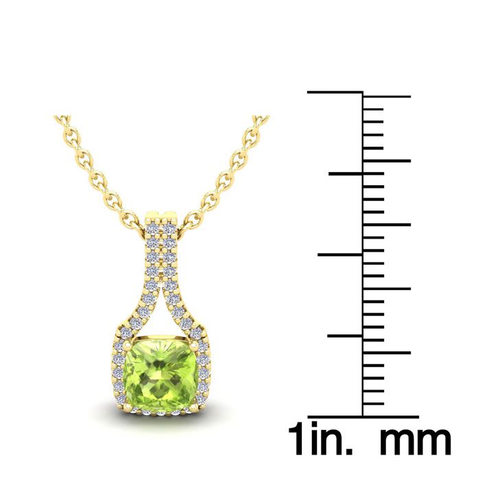 1 1/4 Carat Cushion Cut Peridot and Classic Halo Diamond Necklace In 14 Karat Yellow Gold, 18 Inches