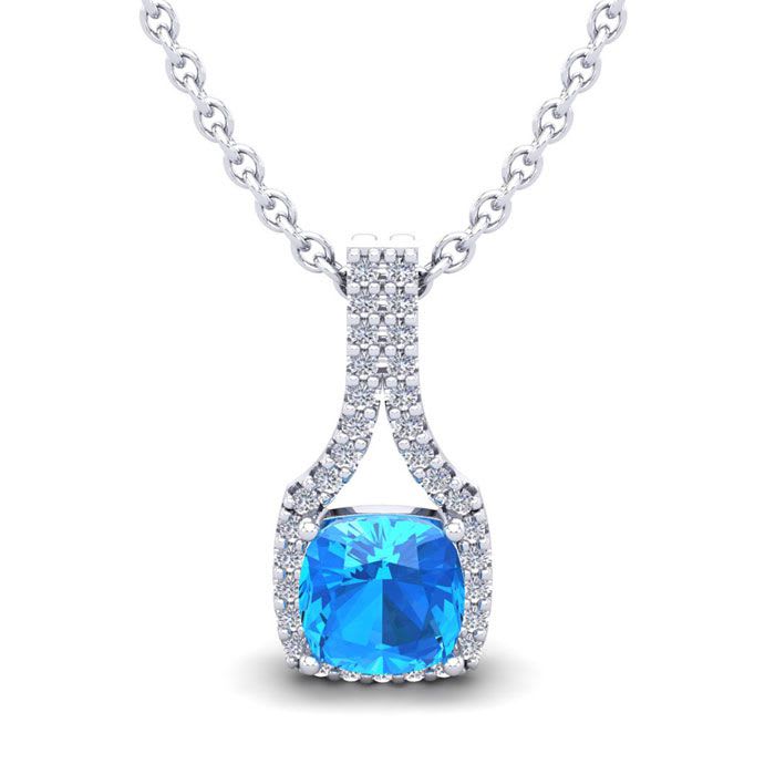 1 1/3 Carat Cushion Cut Blue Topaz and Classic Halo Diamond Necklace In 14 Karat White Gold, 18 Inches