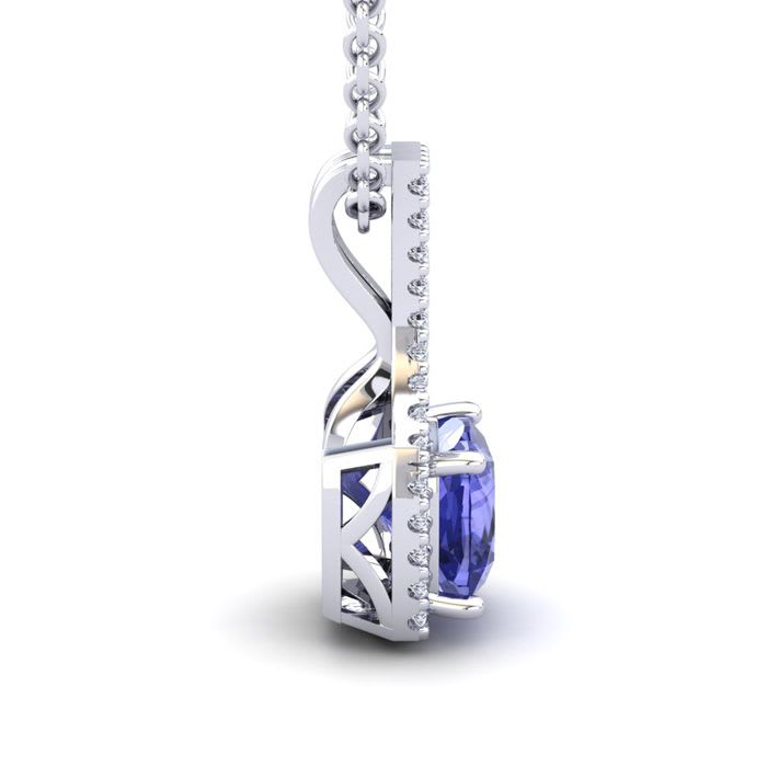 1 1/4 Carat Cushion Cut Tanzanite and Classic Halo Diamond Necklace In 14 Karat White Gold, 18 Inches