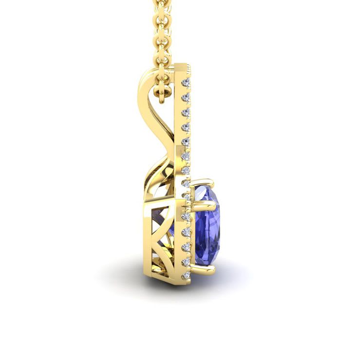 1 1/4 Carat Cushion Cut Tanzanite and Classic Halo Diamond Necklace In 14 Karat Yellow Gold, 18 Inches