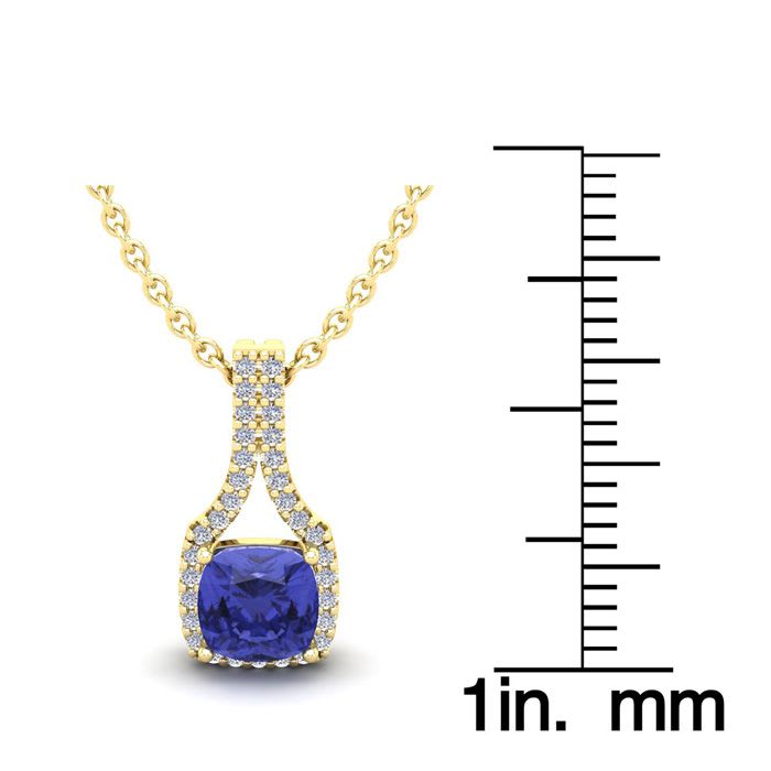 1 1/4 Carat Cushion Cut Tanzanite and Classic Halo Diamond Necklace In 14 Karat Yellow Gold, 18 Inches