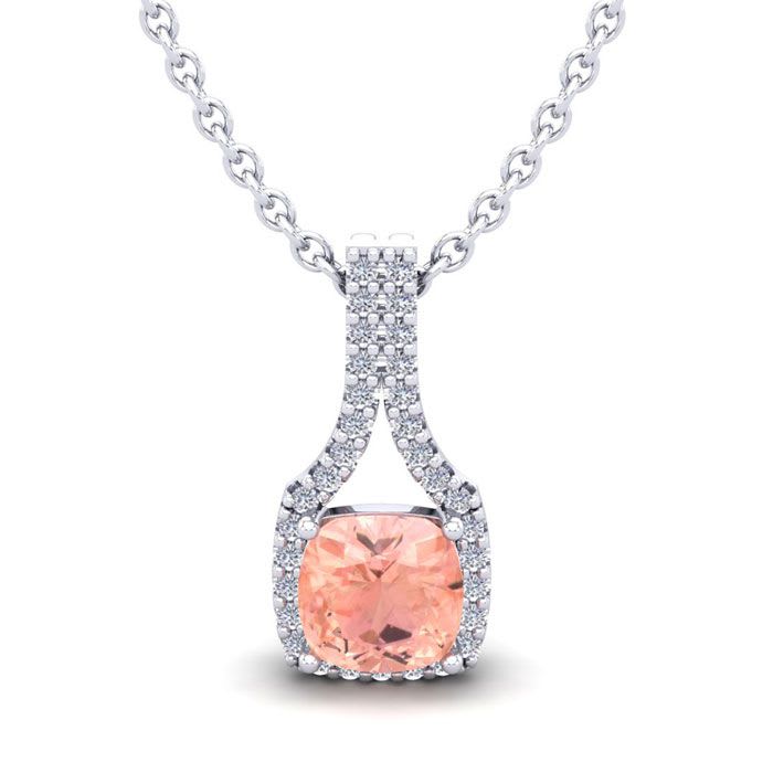 1 Carat Cushion Shape Morganite Necklace with Diamond Halo In 14 Karat White Gold With 18 Inch Chain