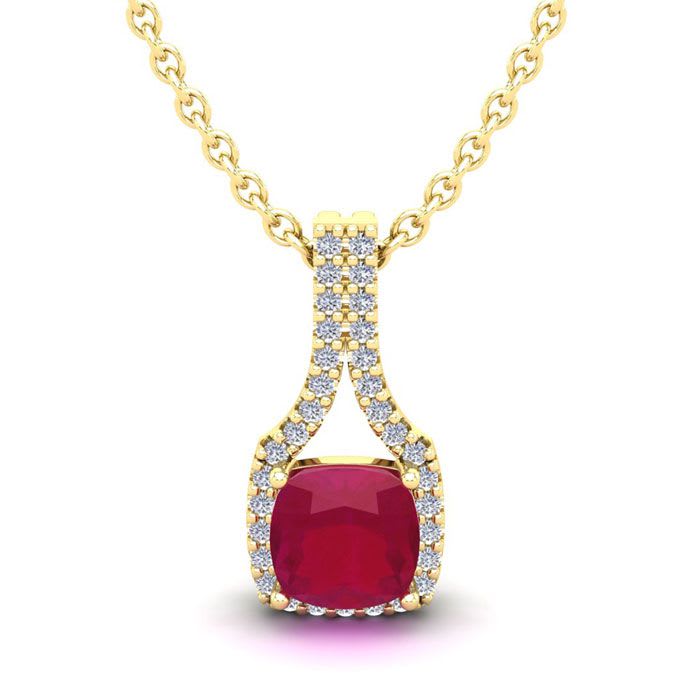 1 1/2 Carat Cushion Cut Ruby and Classic Halo Diamond Necklace In 14 Karat Yellow Gold, 18 Inches