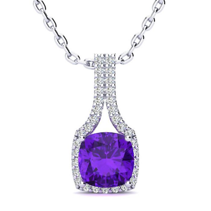 2 Carat Cushion Cut Amethyst and Classic Halo Diamond Necklace In 14 Karat White Gold, 18 Inches