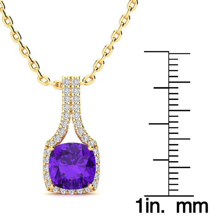2 Carat Cushion Cut Amethyst and Classic Halo Diamond Necklace In 14 Karat Yellow Gold, 18 Inches