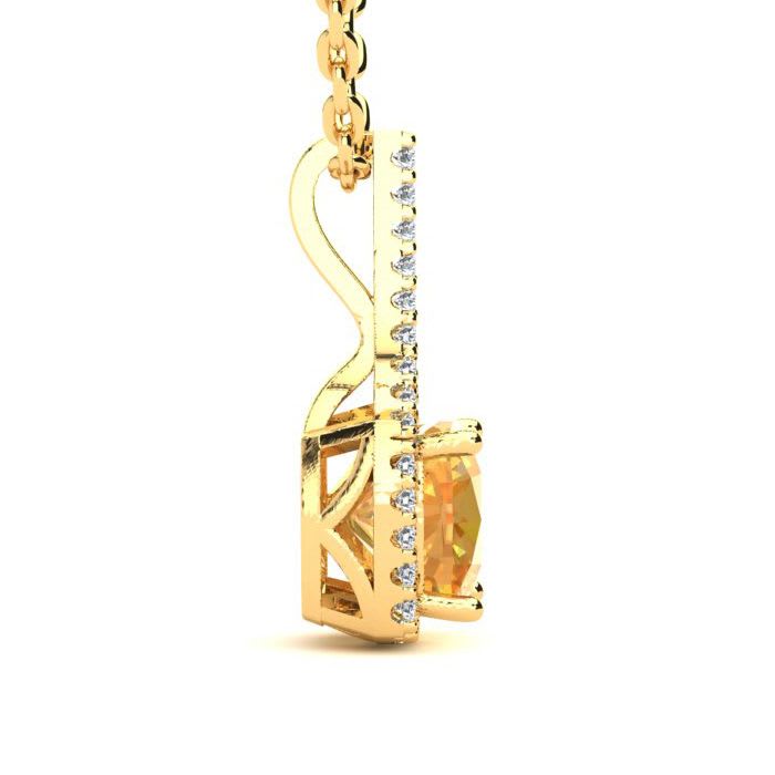1 3/4 Carat Cushion Cut Citrine and Classic Halo Diamond Necklace In 14 Karat Yellow Gold, 18 Inches