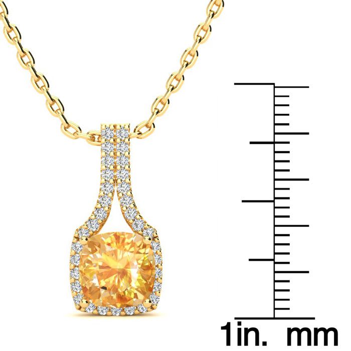 1 3/4 Carat Cushion Cut Citrine and Classic Halo Diamond Necklace In 14 Karat Yellow Gold, 18 Inches