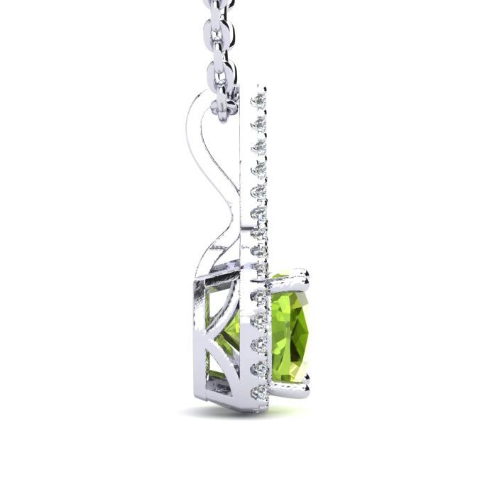 1 3/4 Carat Cushion Cut Peridot and Classic Halo Diamond Necklace In 14 Karat White Gold, 18 Inches