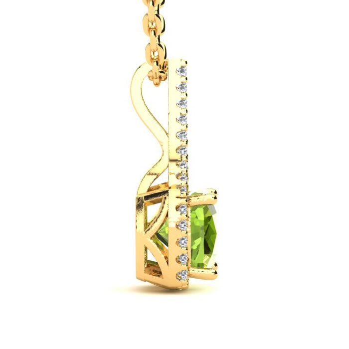 1 3/4 Carat Cushion Cut Peridot and Classic Halo Diamond Necklace In 14 Karat Yellow Gold, 18 Inches