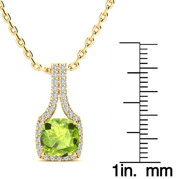 1 3/4 Carat Cushion Cut Peridot and Classic Halo Diamond Necklace In 14 Karat Yellow Gold, 18 Inches