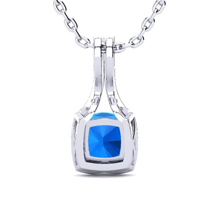 2 Carat Cushion Cut Blue Topaz and Classic Halo Diamond Necklace In 14 Karat White Gold, 18 Inches