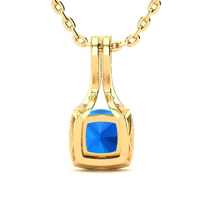 2 Carat Cushion Cut Blue Topaz and Classic Halo Diamond Necklace In 14 Karat Yellow Gold, 18 Inches