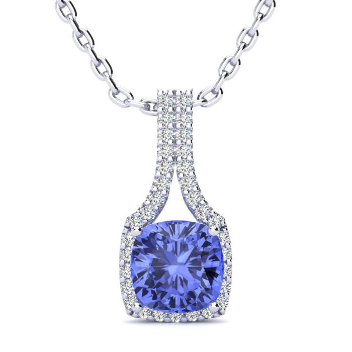 1 3/4 Carat Cushion Cut Tanzanite and Classic Halo Diamond Necklace In 14 Karat White Gold, 18 Inches
