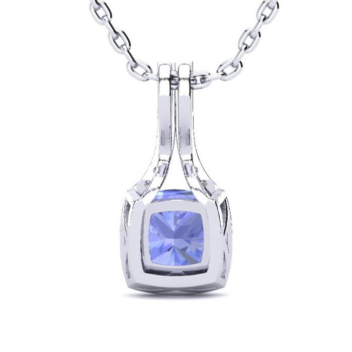 1 3/4 Carat Cushion Cut Tanzanite and Classic Halo Diamond Necklace In 14 Karat White Gold, 18 Inches

