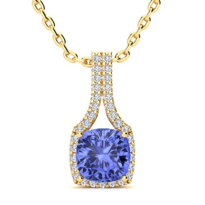 1 3/4 Carat Cushion Cut Tanzanite and Classic Halo Diamond Necklace In 14 Karat Yellow Gold, 18 Inches
