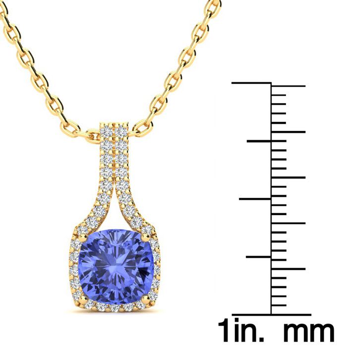 1 3/4 Carat Cushion Cut Tanzanite and Classic Halo Diamond Necklace In 14 Karat Yellow Gold, 18 Inches
