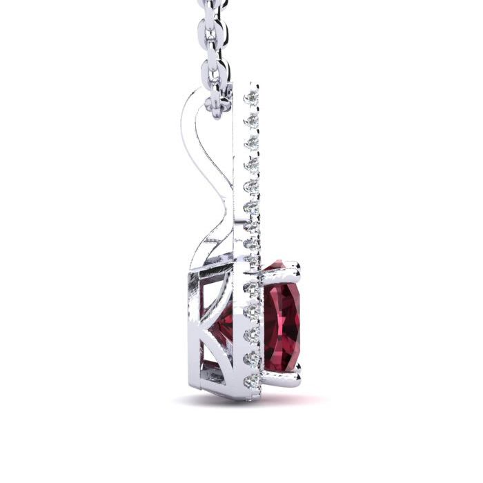 Garnet Necklace: Garnet Jewelry: 2 Carat Cushion Cut Garnet and Classic Halo Diamond Necklace In 14 Karat White Gold, 18 Inches