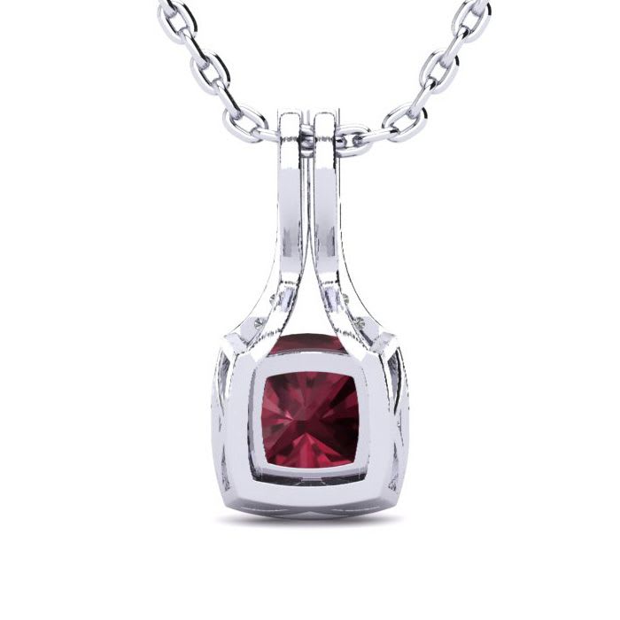 Garnet Necklace: Garnet Jewelry: 2 Carat Cushion Cut Garnet and Classic Halo Diamond Necklace In 14 Karat White Gold, 18 Inches