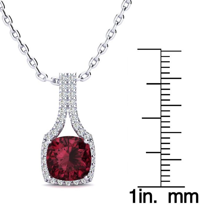 Garnet Necklace: Garnet Jewelry: 2 Carat Cushion Cut Garnet and Classic Halo Diamond Necklace In 14 Karat White Gold, 18 Inches