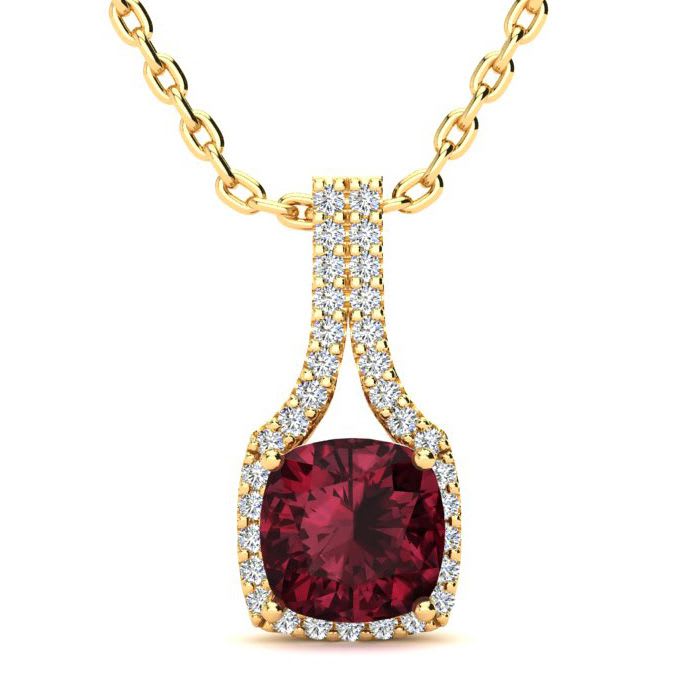 Garnet Necklace: Garnet Jewelry: 2 Carat Cushion Cut Garnet and Classic Halo Diamond Necklace In 14 Karat Yellow Gold, 18 Inches