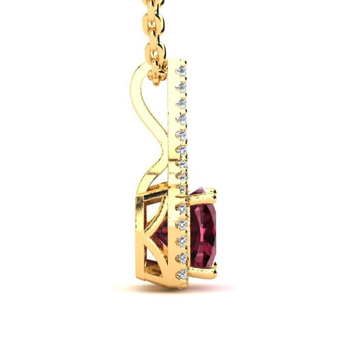 Garnet Necklace: Garnet Jewelry: 2 Carat Cushion Cut Garnet and Classic Halo Diamond Necklace In 14 Karat Yellow Gold, 18 Inches
