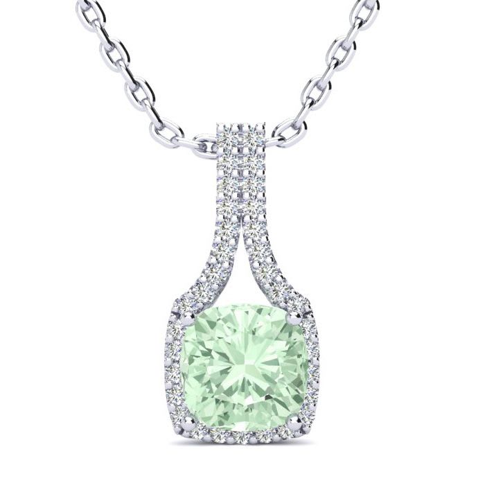 1 2/3 Carat Cushion Cut Green Amethyst and Classic Halo Diamond Necklace In 14 Karat White Gold, 18 Inches