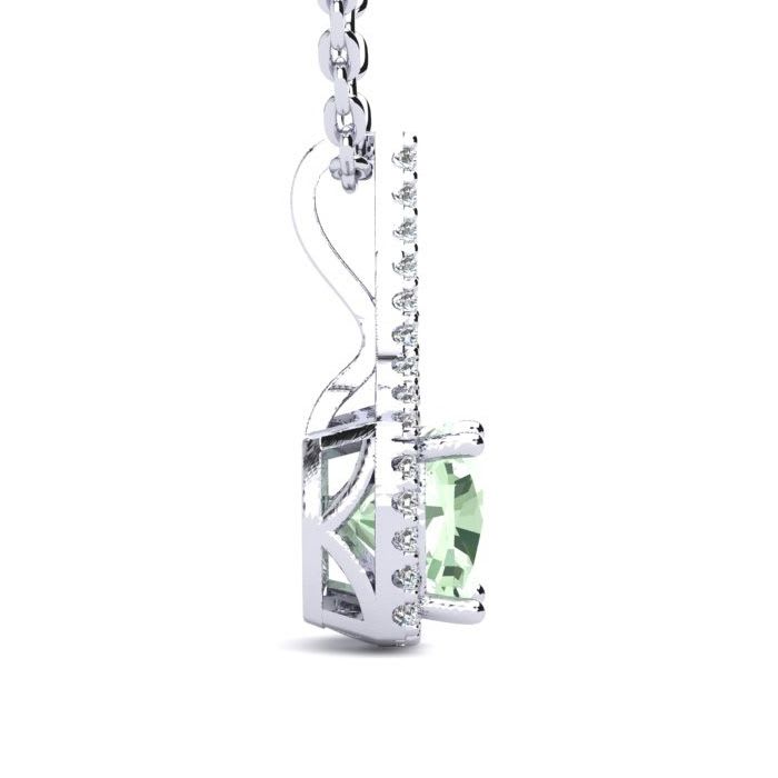 1 2/3 Carat Cushion Cut Green Amethyst and Classic Halo Diamond Necklace In 14 Karat White Gold, 18 Inches