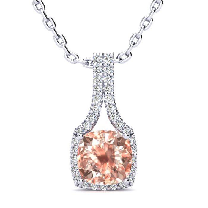 2 Carat Cushion Shape Morganite Necklace with Diamond Halo In 14 Karat White Gold With 18 Inch Chain