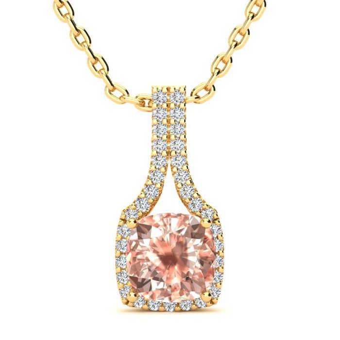 2 Carat Cushion Shape Morganite Necklace with Diamond Halo In 14 Karat Yellow Gold With 18 Inch Chain